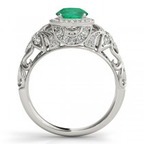 Edwardian Emerald & Diamond Halo Engagement Ring 18k W Gold (1.18ct)