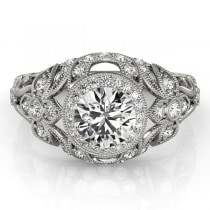 Edwardian Lab Grown Diamond Halo Engagement Ring Floral 18k White Gold 1.18ct