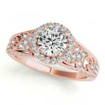 Art Deco & Milgrain Diamond Halo Engagement Ring 14k Rose Gold 1.18ct