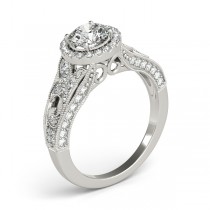 Art Deco & Milgrain Diamond Halo Engagement Ring 14k White Gold 1.18ct