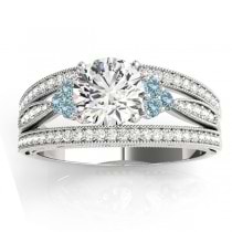 Diamond & Aquamarine Three Row Engagement Ring 14k White Gold (0.42ct)