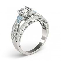 Diamond & Aquamarine Three Row Engagement Ring 14k White Gold (0.42ct)