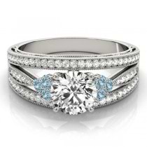 Diamond & Aquamarine Three Row Engagement Ring Palladium (0.42ct)