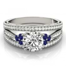 Diamond & Blue Sapphire Three Row Engagement Ring 14k White Gold (0.42ct)