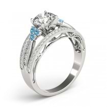 Diamond & Blue Topaz Three Row Engagement Ring 14k White Gold (0.42ct)