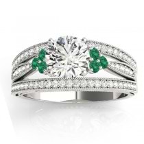 Diamond & Emerald Three Row Engagement Ring 14k White Gold (0.42ct)