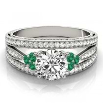 Diamond & Emerald Three Row Engagement Ring 14k White Gold (0.42ct)