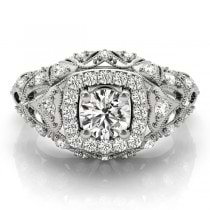 Antique Style Diamond Halo Engagement Ring 14k White Gold (0.94ct)
