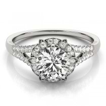 Diamond Halo Floral Split Shank Engagement Ring 14k White Gold (0.96ct)