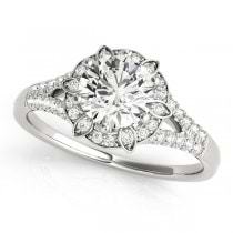 Diamond Halo Floral Split Shank Engagement Ring 18k White Gold (0.96ct)