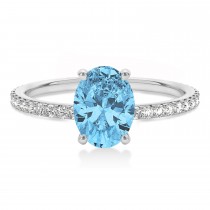 Oval Blue Topaz & Diamond Hidden Halo Engagement Ring 18k White Gold (0.76ct)