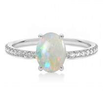 Oval Opal & Diamond Hidden Halo Engagement Ring 14k White Gold (0.76ct)