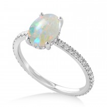 Oval Opal & Diamond Hidden Halo Engagement Ring 14k White Gold (0.76ct)