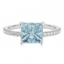 Princess Aquamarine & Diamond Hidden Halo Engagement Ring 14k White Gold (0.89ct)