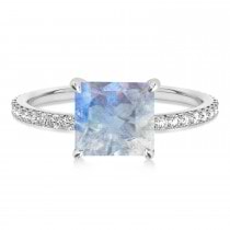 Princess Moonstone & Diamond Hidden Halo Engagement Ring 14k White Gold (0.89ct)