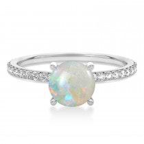 Round Opal & Diamond Hidden Halo Engagement Ring 14k White Gold (1.68ct)