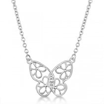 Floral Design Butterfly Pendant Necklace 14k White Gold