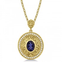Vintage Diamond Iolite Pendant Necklace in 14k Yellow Gold (1.75ct)