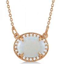 Halo Diamond & Oval Opal Pendant Necklace 14k Rose Gold (2.25ct)