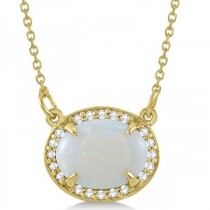 Halo Diamond & Oval Opal Pendant Necklace 14k Yellow Gold (2.25ct)