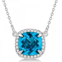 Diamond & Swiss Blue Topaz Pendant Necklace 14k White Gold (2.56ct)