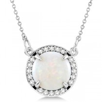 Cabochon White Opal and Diamond Necklace in 14k White Gold (1.58ctw)