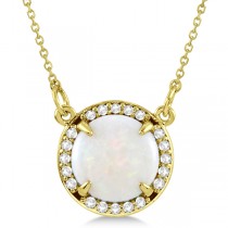 Cabochon White Opal and Diamond Necklace in 14k Yellow Gold (1.58ctw)