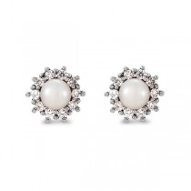 Freshwater Cultured Pearl Studs w/Diamond Cluster 14k W. Gold 0.33ct