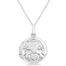 Round Claddagh Locket Pendant Necklace in 14k White Gold