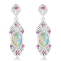 Opal & Pink Sapphire Vintage-Inspired Earrings 14k White Gold (1.11ct)
