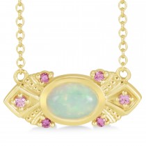Opal & Pink Sapphire Vintage Pendant Necklace 14k Yellow Gold (0.54ct)