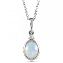 Oval Natural White Ethiopian Opal & Natural Diamond Pendant Necklace 14K White Gold (1.57ct)