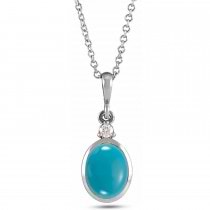 Natural Turquoise & Natural Diamond Pendant Necklace 14K White Gold (0.41ct)
