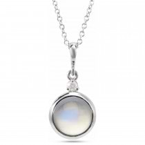 Natural Rainbow Moonstone & Natural Diamond Cabochon Pendant Necklace 14K White Gold (2.53ct)