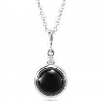 Round Natural Onyx & Natural Diamond Pendant Necklace 14K White Gold (1.53ct)