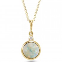 Natural White Opal & Natural Diamond Cabochon Pendant Necklace 14K Yellow Gold (0.57ct)