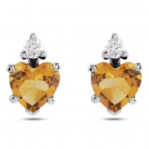 Heart Natural Citrine & Natural Diamond Stud Earrings 14K White Gold (0.48ct)