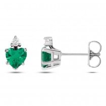 Lab Grown Emerald & Natural Diamond Heart Stud Earrings 14K White Gold (0.46ct)