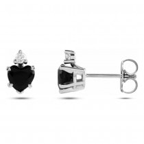 Heart Natural Black Onyx & Natural Diamond Stud Earrings 14K White Gold (0.41ct)