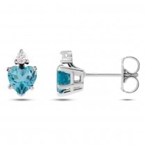 Natural London Blue Topaz & Natural Diamond Heart Stud Earrings 14K White Gold (0.63ct)