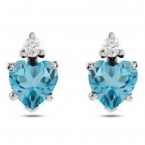 Heart Natural London Blue Topaz & Natural Diamond Stud Earrings 14K White Gold (0.63ct)
