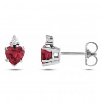 Heart Lab Grown Ruby & Natural Diamond Stud Earrings 14K White Gold (0.62ct)