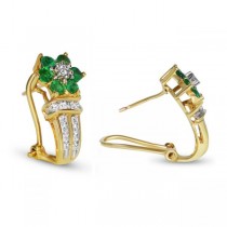 Diamond & Emerald French Clip Flower Earrings 14k Yellow Gold (0.35ct)