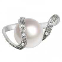 Freshwater Pearl & Diamond Twist Fashion Ring 14K White Gold 10-11mm