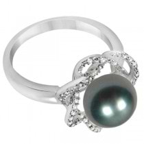 Diamond and Black Tahitian Pearl Floral Ring 14K White Gold 10-11mm