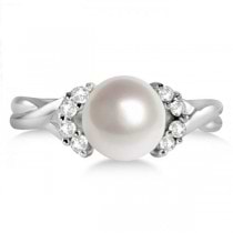 Freshwater White Pearl Ring w/ Diamond Accents 14K White Gold 8-8.5mm