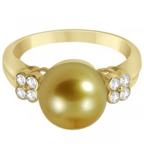 Diamond & Golden South Sea Cultured Pearl Ring 14K Yellow Gold 10-11mm