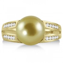 Diamond and Golden South Sea Pearl Ring Split Shank 14K Yellow Gold