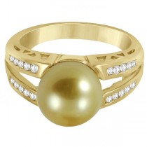 Diamond and Golden South Sea Pearl Ring Split Shank 14K Yellow Gold