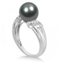 Cultured Tahitian Pearl Ring with Diamonds 14K White Gold 9-10mm